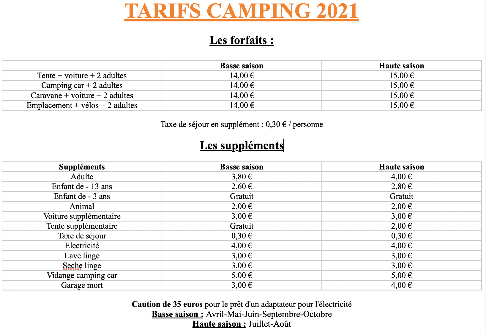 Tarifs Camping